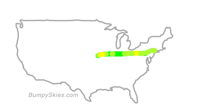 Map of continental US with illustrated flight path and turbulence forecast (described in text below)