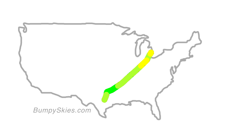 Map of continental US with illustrated flight path and turbulence forecast (described in text below)