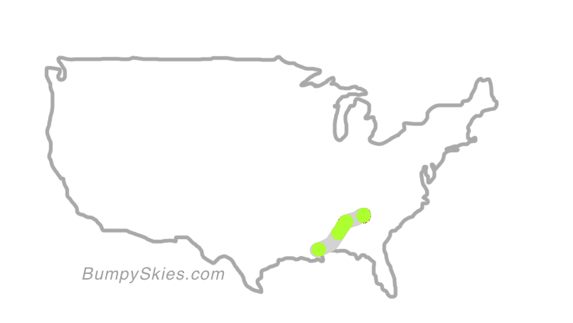 Map of continental US with illustrated flight path and turbulence forecast (described in text below)
