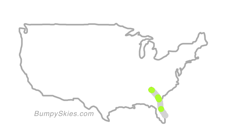 Map of continental US with illustrated flight path and turbulence forecast (described in text below)