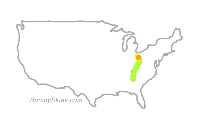 Map of continental US with illustrated flight path and turbulence forecast (described in text below)