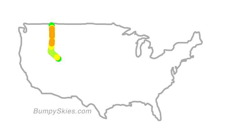 Map of continental US with illustrated flight path and turbulence forecast (described in text below)