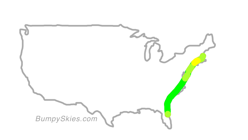 Map of continental US with illustrated flight path and turbulence forecast (described in text below)