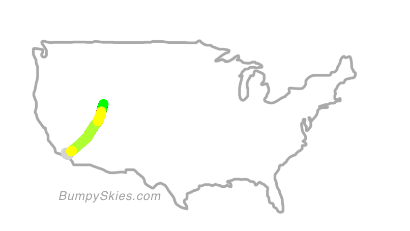 Map of continental US with illustrated flight path and turbulence forecast (described in text below)