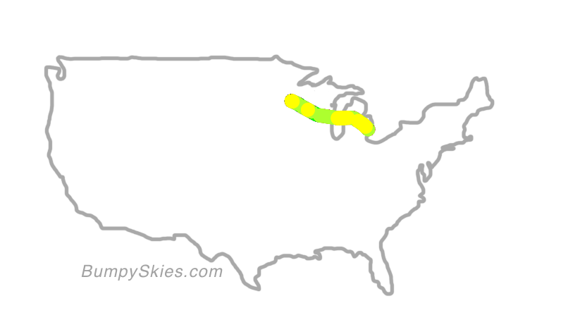 Map of continental US with illustrated flight path and turbulence forecast (described in text below)