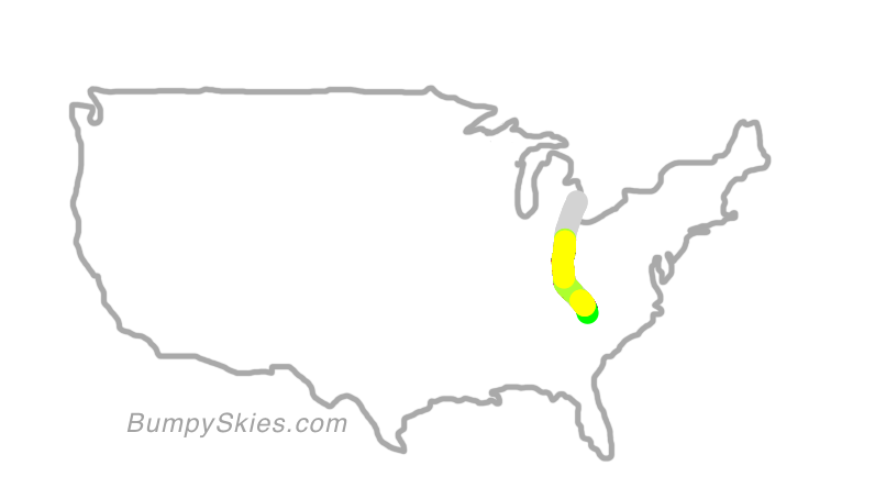 Map of continental US with illustrated flight path and turbulence forecast (described in text below)
