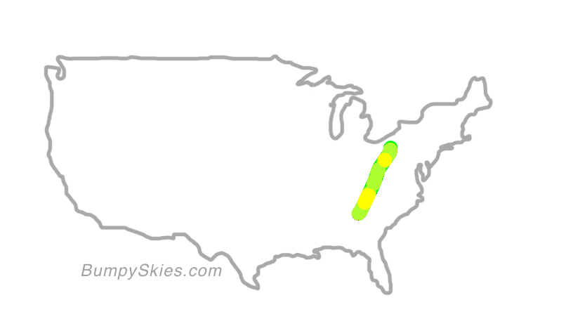 Map of continental US with illustrated flight path and turbulence forecast (described in text below)