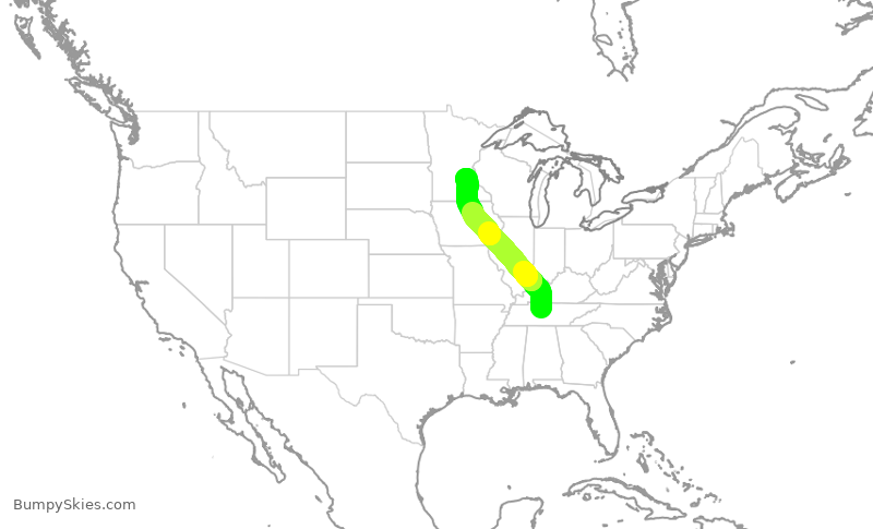 Turbulence forecast map for DAL1498, BNA to MSP