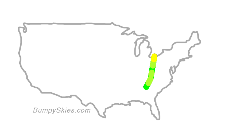 Map of continental US with illustrated flight path and turbulence forecast (described in text below)