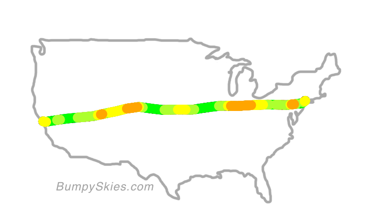 Map of continental US with illustrated flight path and turbulence forecast (described in text below)