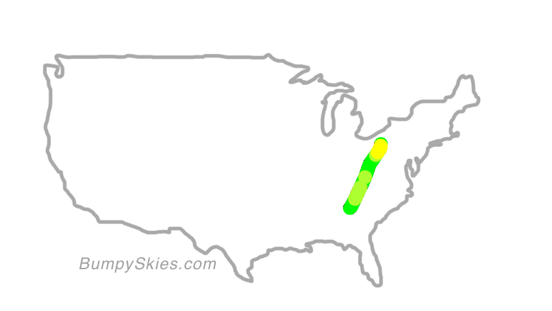 Map of continental US with illustrated flight path and turbulence forecast (described in text below)
