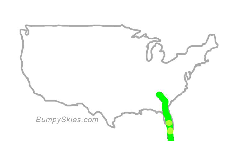 Map of continental US with illustrated flight path and turbulence forecast (described in text below)