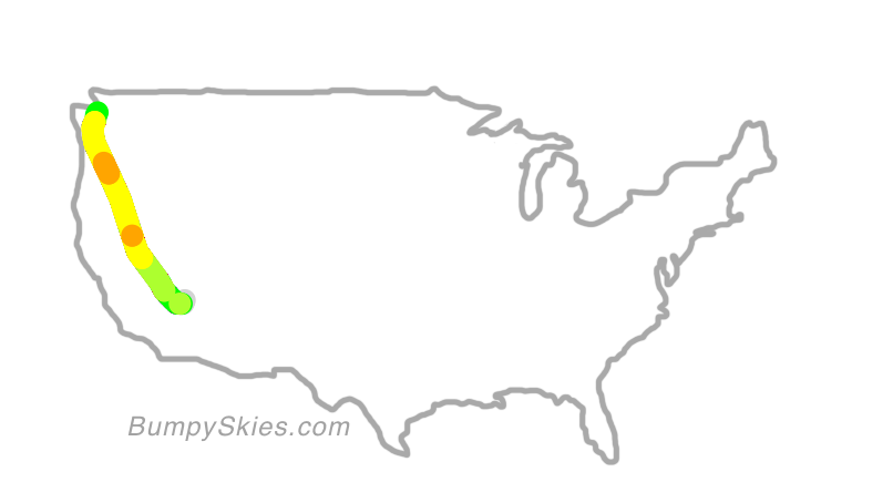 Map of continental US with illustrated flight path and turbulence forecast (described in text below)
