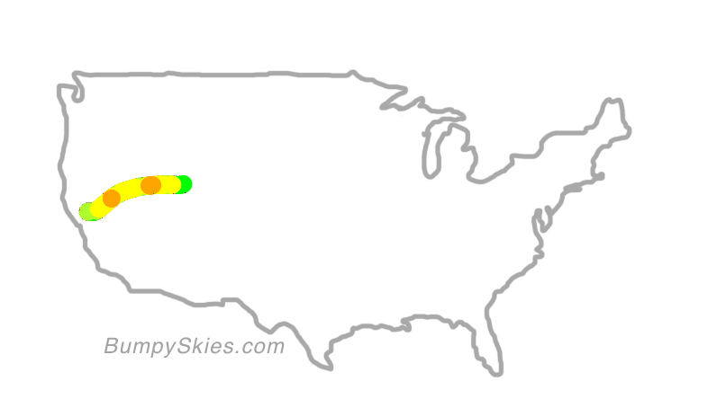 Map of continental US with illustrated flight path and turbulence forecast (described in text below)