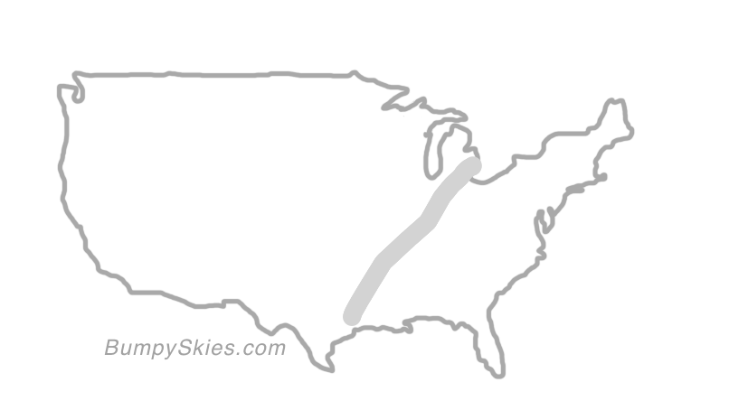 Map of continental US with illustrated flight path and turbulence forecast (described in text below)
