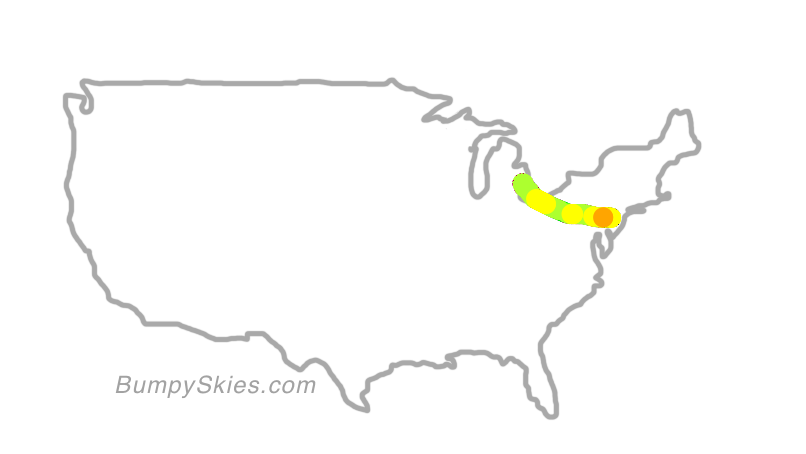 Map of continental US with illustrated flight path and turbulence forecast (described in text below)