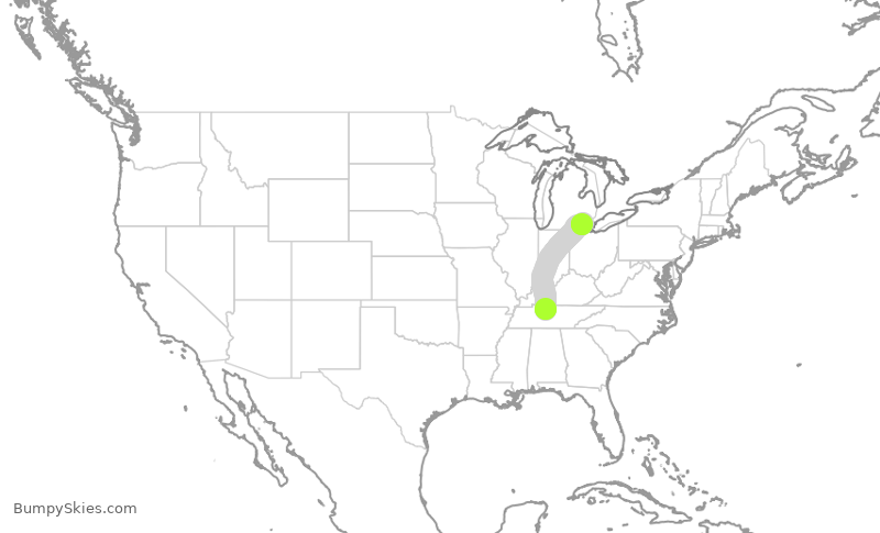 Turbulence forecast map for DAL1543, BNA to DTW