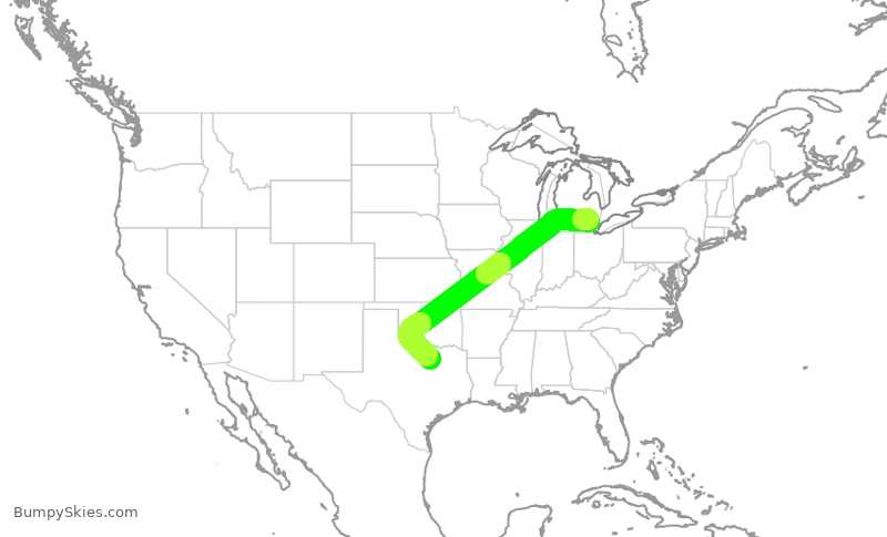 Turbulence forecast map for DAL1543, DTW to DFW
