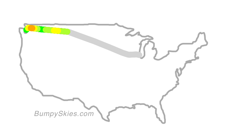 Map of continental US with illustrated flight path and turbulence forecast (described in text below)