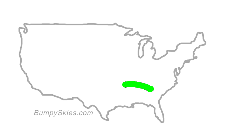 Map of continental US with illustrated flight path and turbulence forecast (described in text below)