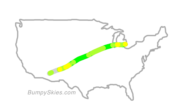 Map of continental US with illustrated flight path and turbulence forecast (described in text below)