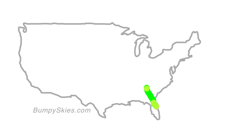 Map of continental US with illustrated flight path and turbulence forecast (described in text below)
