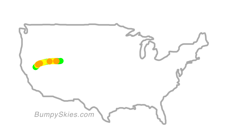Map of continental US with illustrated flight path and turbulence forecast (described in text below)