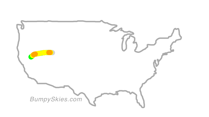 Map of continental US with illustrated flight path and turbulence forecast (described in text below)