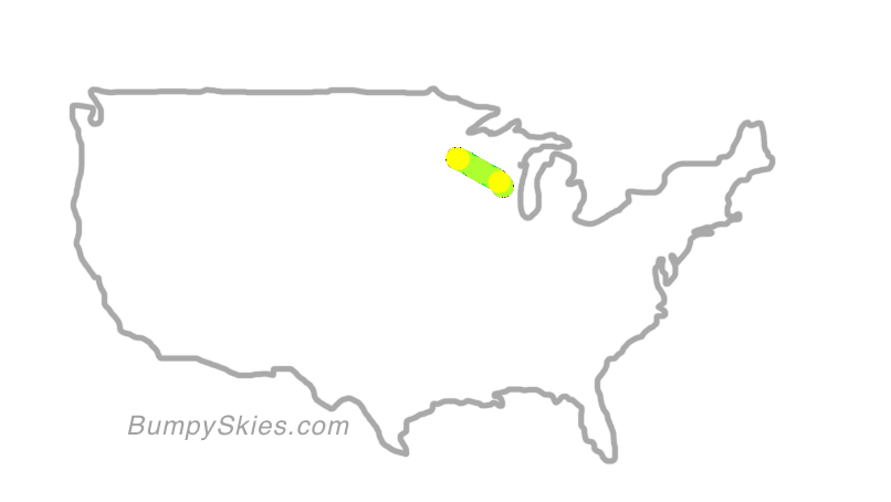 Map of continental US with illustrated flight path and turbulence forecast (described in text below)