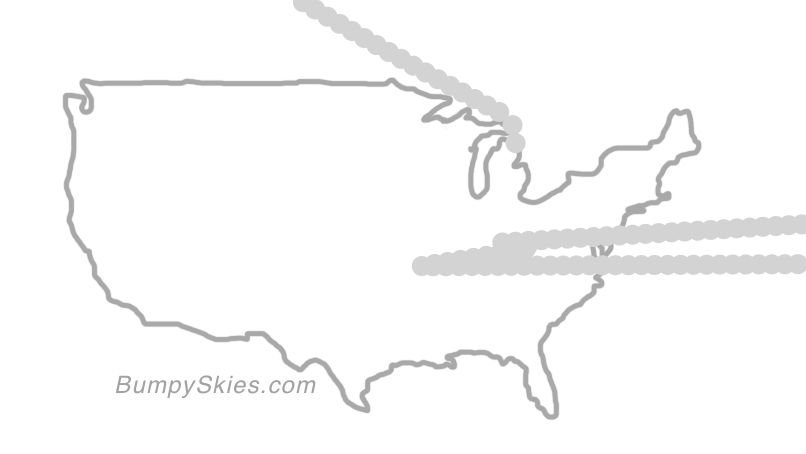Map of continental US with illustrated flight path and turbulence forecast (described in text below)
