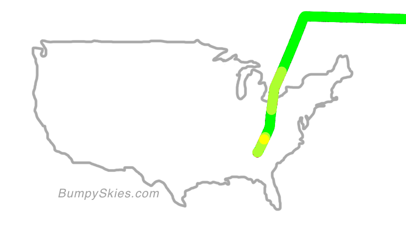 Map of continental US with illustrated flight path and turbulence forecast (described in text below)