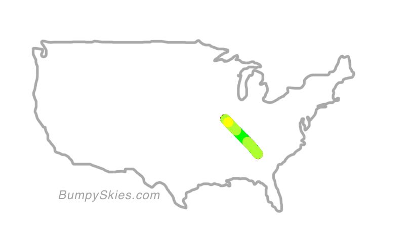 Map of continental US with illustrated flight path and turbulence forecast (described in text below)