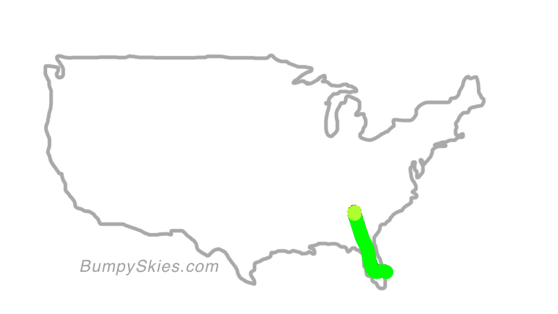 Map of continental US with illustrated flight path and turbulence forecast (described in text below)