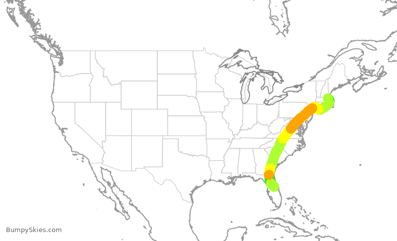 Turbulence forecast map for DAL1608, BOS to MCO