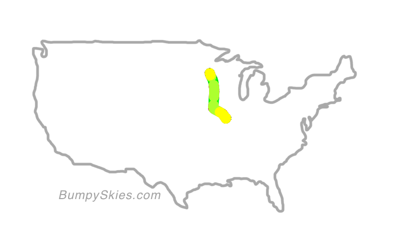 Map of continental US with illustrated flight path and turbulence forecast (described in text below)