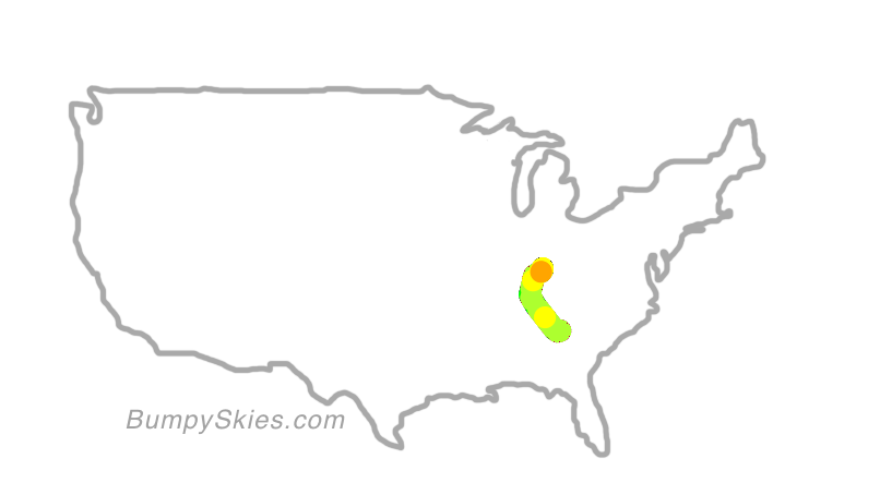 Map of continental US with illustrated flight path and turbulence forecast (described in text below)