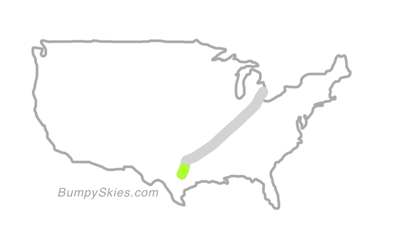 Map of continental US with illustrated flight path and turbulence forecast (described in text below)