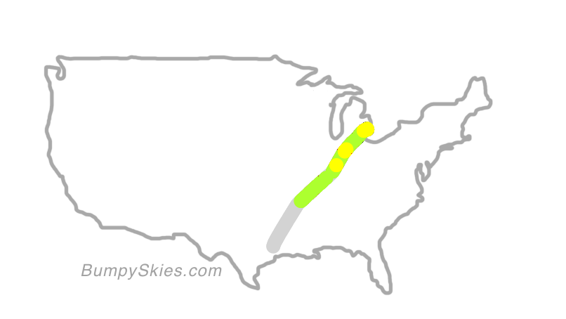 Map of continental US with illustrated flight path and turbulence forecast (described in text below)