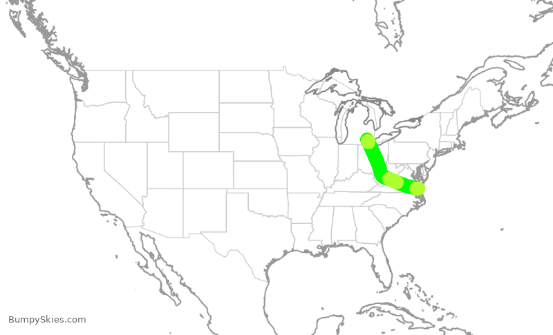 Turbulence forecast map for DAL1621, ORF to DTW