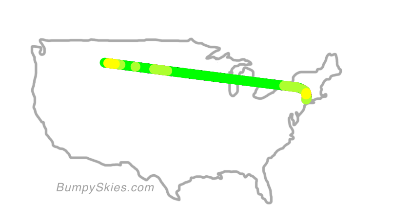 Map of continental US with illustrated flight path and turbulence forecast (described in text below)