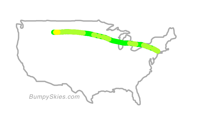 Map of continental US with illustrated flight path and turbulence forecast (described in text below)