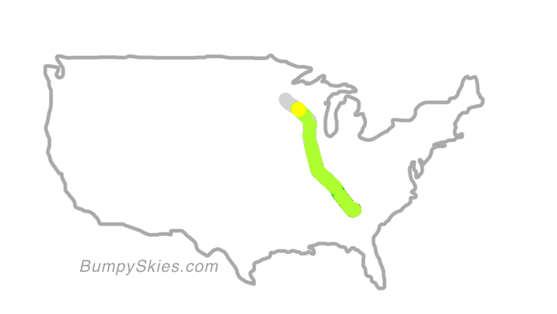 Map of continental US with illustrated flight path and turbulence forecast (described in text below)