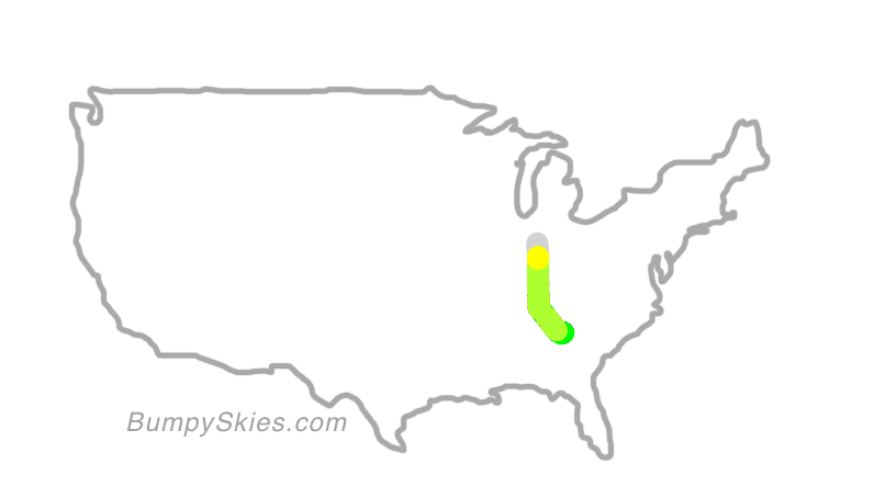 Map of continental US with illustrated flight path and turbulence forecast (described in text below)