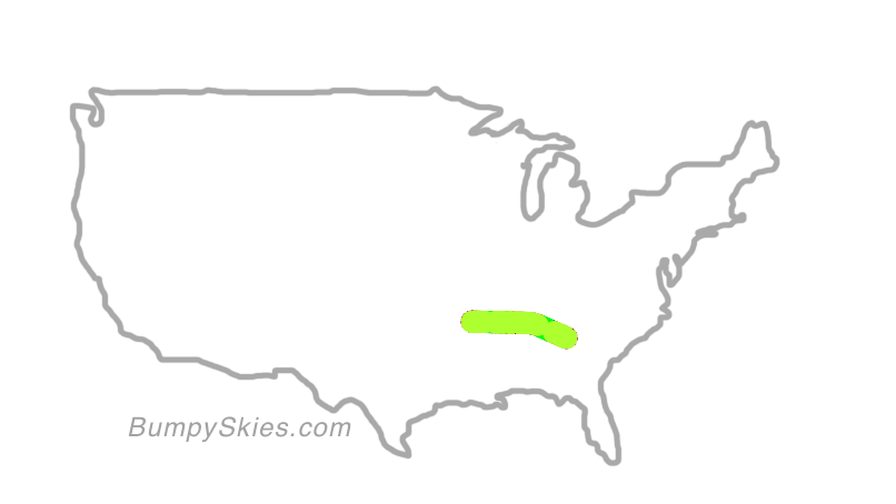 Map of continental US with illustrated flight path and turbulence forecast (described in text below)
