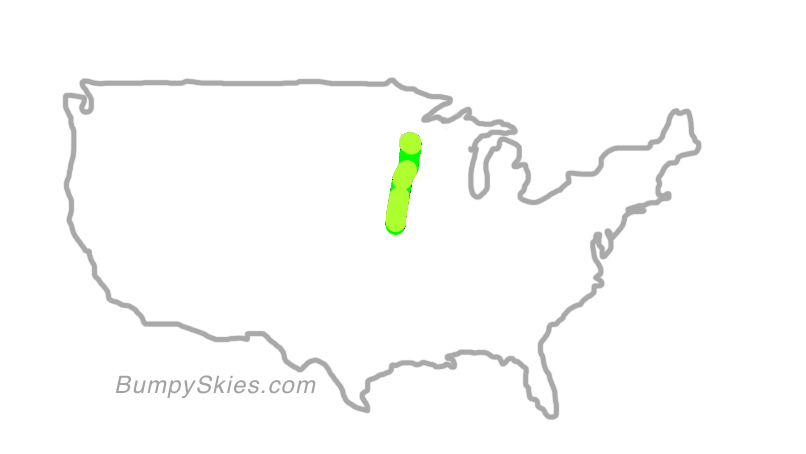 Map of continental US with illustrated flight path and turbulence forecast (described in text below)
