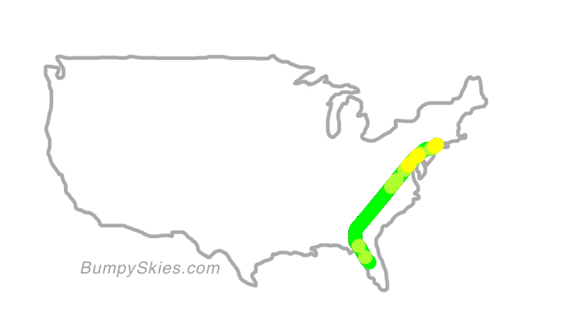 Map of continental US with illustrated flight path and turbulence forecast (described in text below)