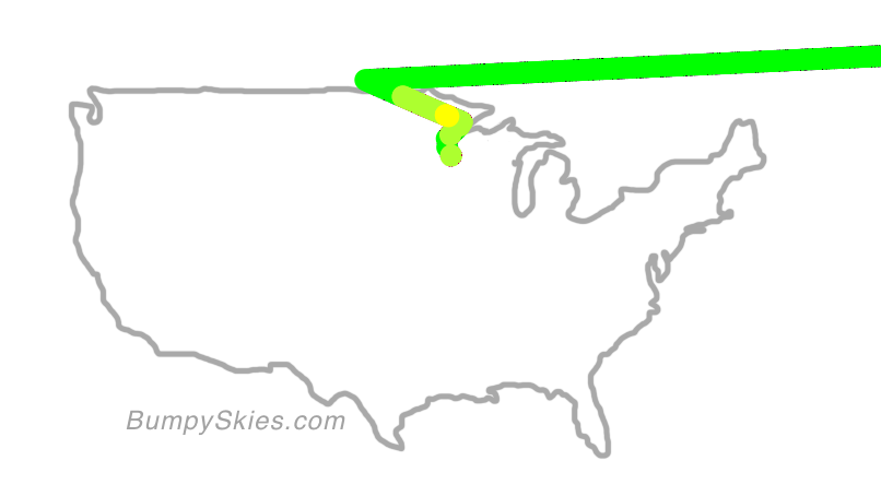 Map of continental US with illustrated flight path and turbulence forecast (described in text below)