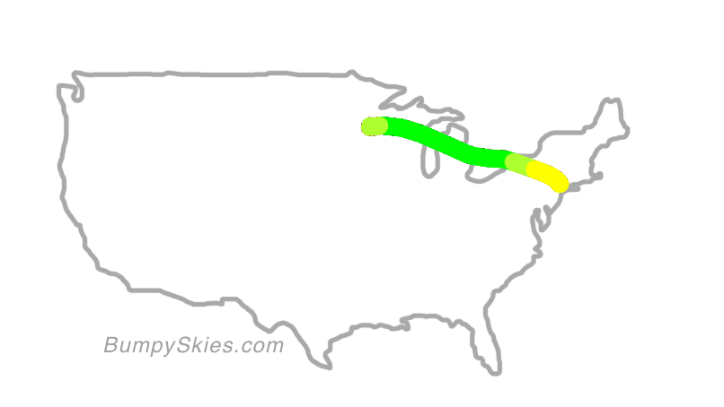 Map of continental US with illustrated flight path and turbulence forecast (described in text below)