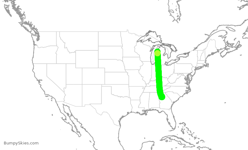 Turbulence forecast map for DAL1649, ATL to TVC