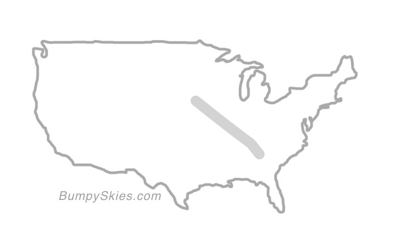 Map of continental US with illustrated flight path and turbulence forecast (described in text below)